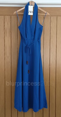 ZARA Dress Midi Linen Blend Bead Halter Neck Long Ink Blue XS
