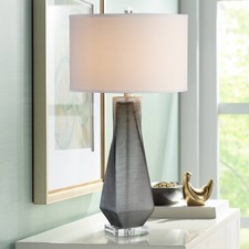 Modern Table Lamp 30 3/4" Tall Charcoal Gray Nickel Beige Shade for Living Room
