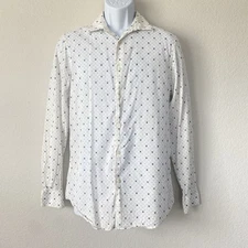 Perry Ellis White Blue Star Pattern Button Down Small Shirt Preppy Casual Church