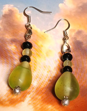Teardrop Green Sea Glass Dangle Earrings with Black Crystal Accents
