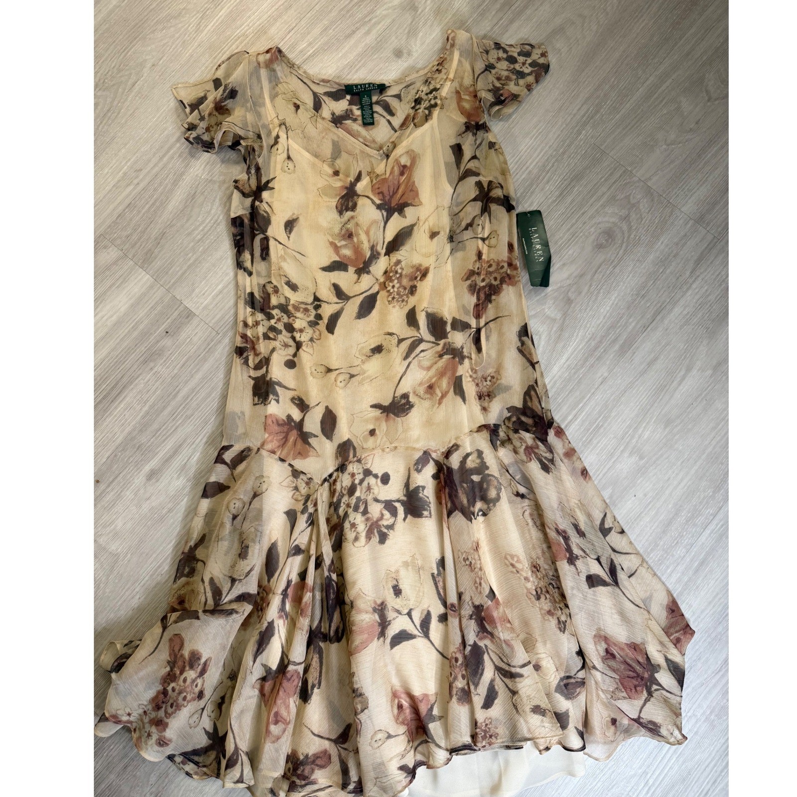 Lauren Ralph Lauren Floral Chiffon Flutter Sleeve Drop Waist Midi Dress Tan 8