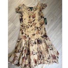 Lauren Ralph Lauren Floral Chiffon Flutter Sleeve Drop Waist Midi Dress Tan 8