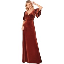 NWT Ever Pretty Double V Neck Velvet Ruffle Sleeve Evening Dress Brick Red Sz 4