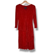 Connected Apparel Women Red Pleated Ruffle Midi Dress Size 10 V-Neck Long Sleeve
