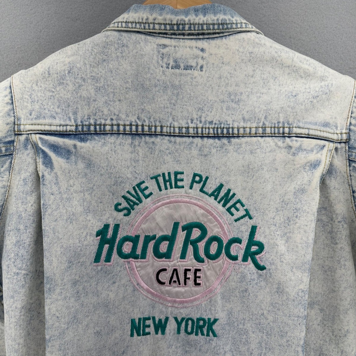 90s Hard Rock Cafe New York Acid Wash Denim Jacket Save The Planet