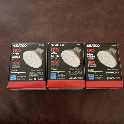 3 Pack SATCO S9498 6.5W LED MR16 4000K GU5.3 Base 12v Dimmable 50W Replacement