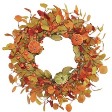 20 Inch Eucalyptus and Magnolia Fall Wreath with 3 Velvet Pumpkins
