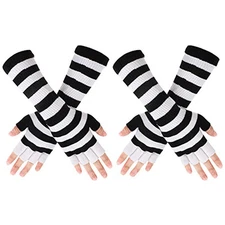 2 Pairs 11 Inch Long Arm Warmers Warm White Black Stripe Fingerless Gloves 