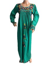 Vintage Mexican Oaxacan Embroidered Green Maxi Dress Long Sleeves Hippie S M