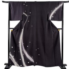 Japanese Silk Kimono M 161cm Purple Cherry blossom Geometry Gradation Lined 5537