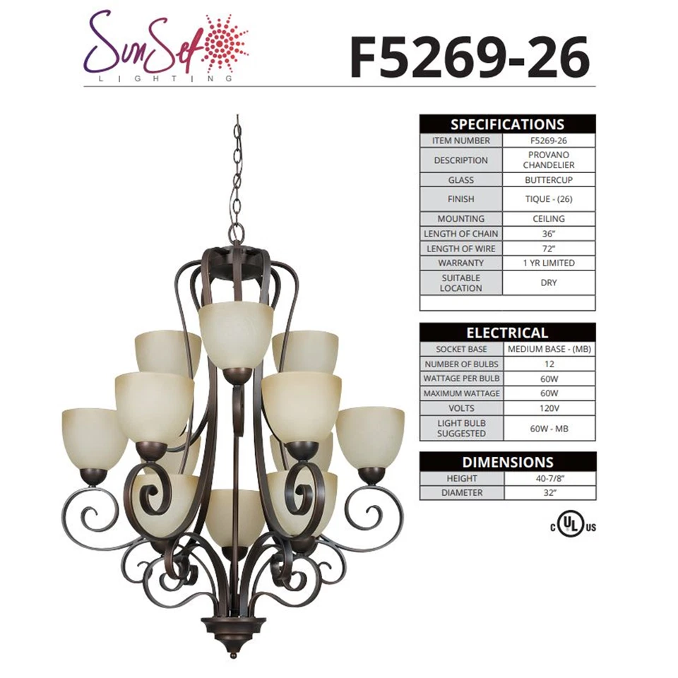 Lámpara de araña Sunset Lighting Provano 12 luces 3 niveles Buttercup vidrio acabado tique Foto 2 de 4