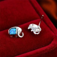 Cute New Petite Silver Plated Resin Blue Fire Opal Elephant Shape Stud Earrings