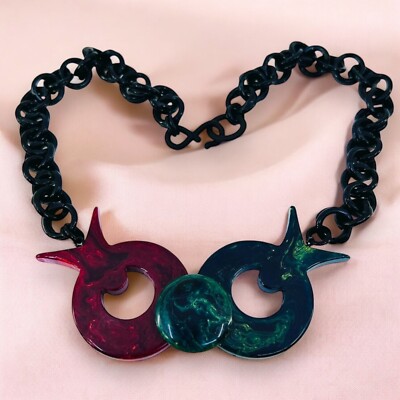 Bakelite Necklace Burgundy Blue Moon Bakelite w/ Celluloid