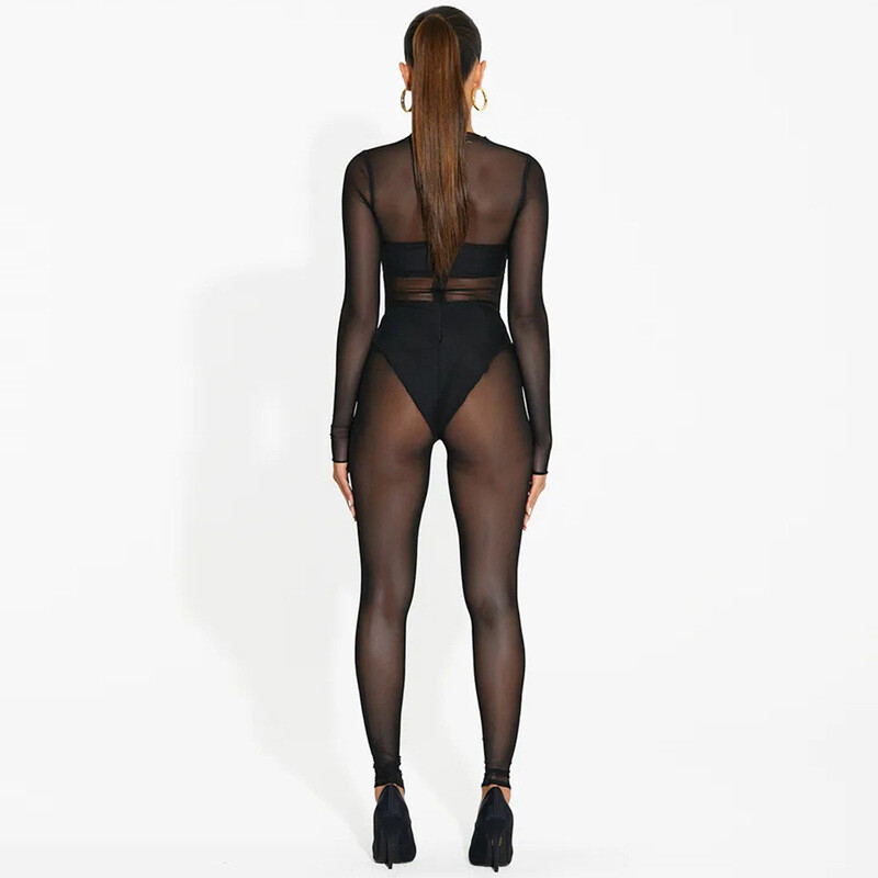 Woman See Through Mesh Jumpsuit Solid Color Zipper Sexy Bodysuit