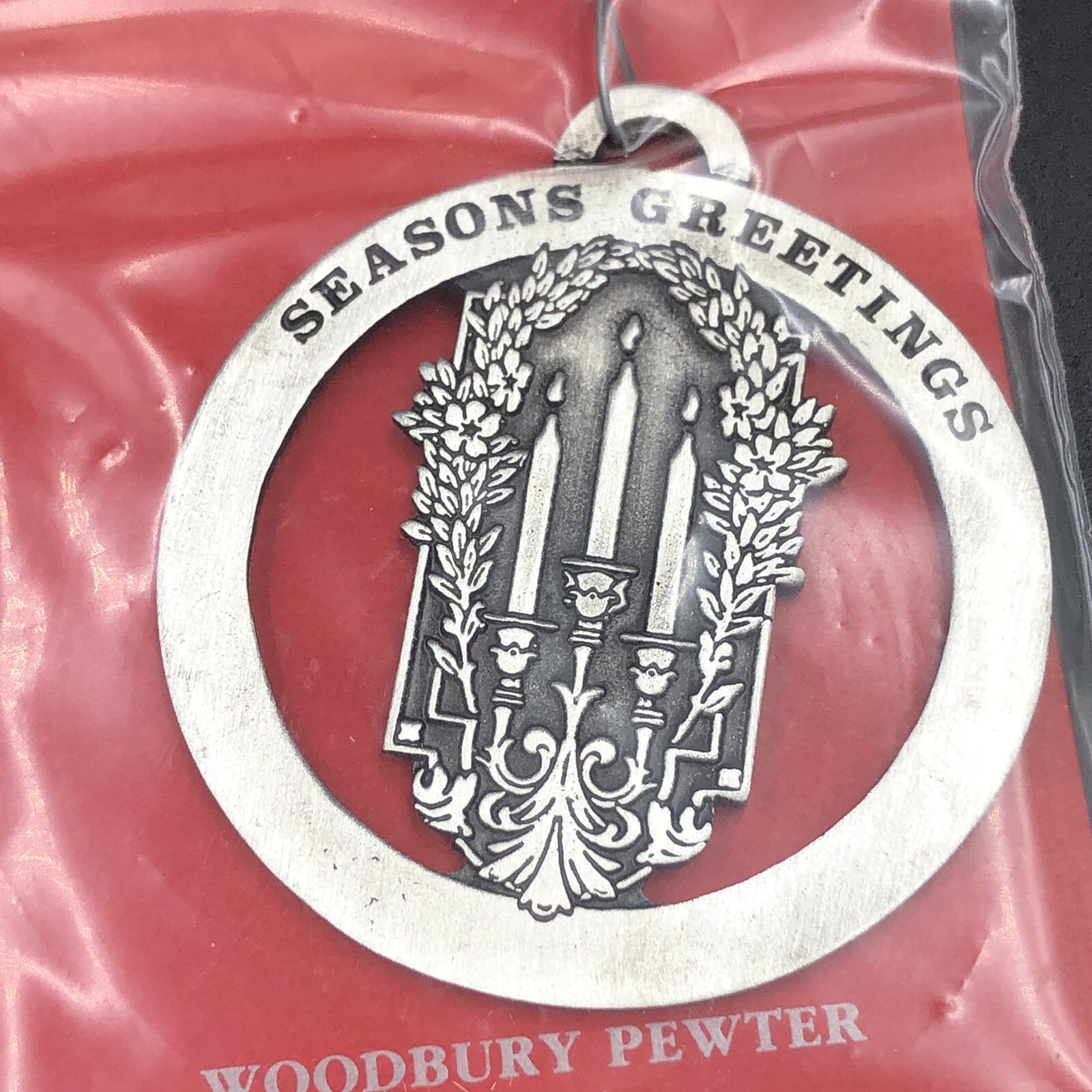 Lot Of 3 Woodbury Pewter Christmas Ornaments Wreath Seasons Greetings