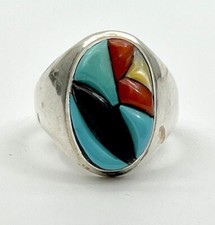 Vtg Sterling Signed Richard & Geneva Terrazas Zuni Inlay Multi Stone Ring 11.25