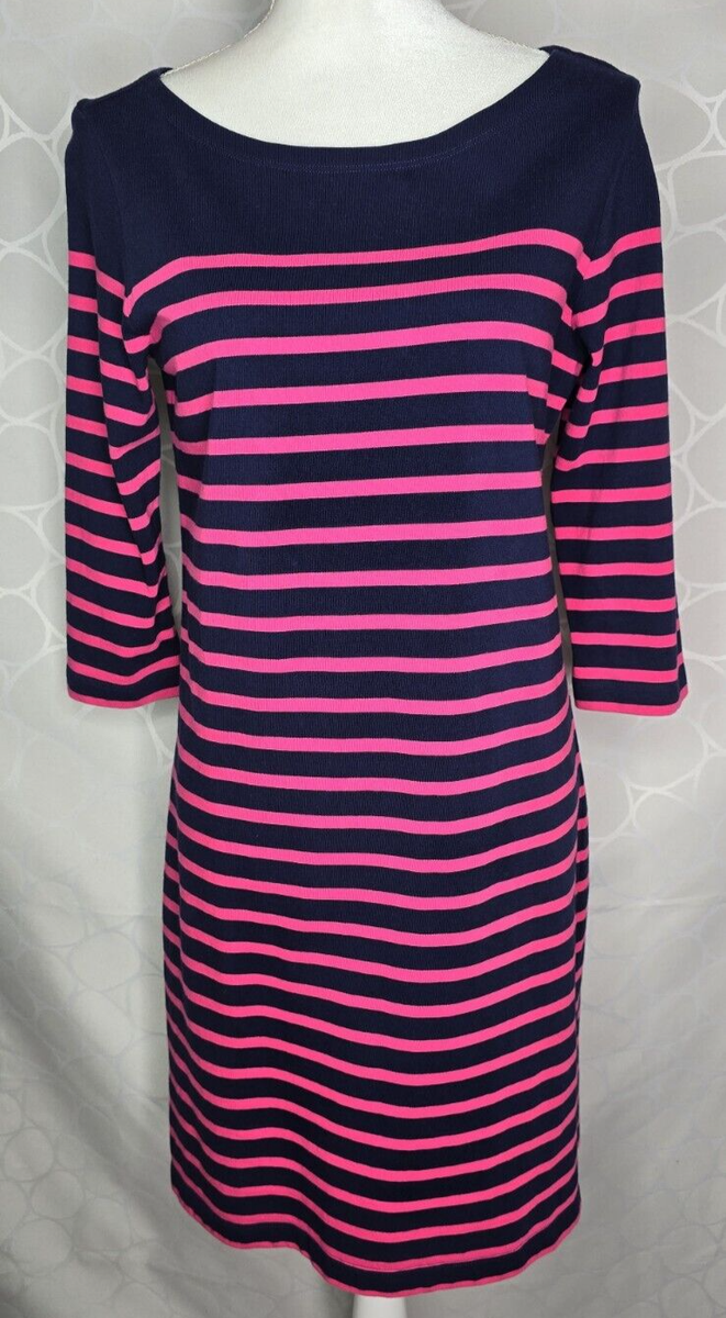 Appleseeds Dress Petite M Pink Navy Stripe 3/4 Sleeve Boat Neck