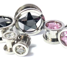 PAIR Star CZ Gem Screw Fit Tunnels Plugs Gauges Earlets Body Jewelry Piercing