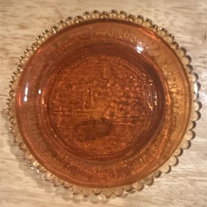 Amber Pairpont Pressed Glass Round Beaded Edge Raised Sailing Ship Design