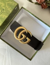 GUCCI BELT FOR WOMEN GOLDEN BUCKLE LEATHER BELT BLACK SIZE 100