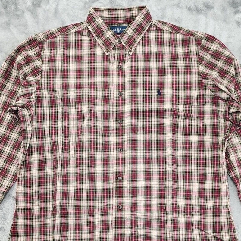 Camisa masculina vintage Ralph Lauren xadrez verde vermelha XL ajuste personalizado manga longa preppy - Imagem 2 de 4
