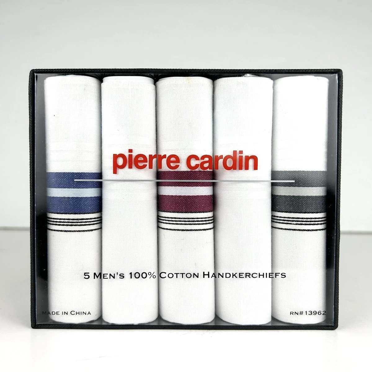 Pierre Cardin 5 Father's Day Handkerchiefs 100% Cotton Striped Leather Box New