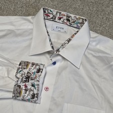 Eton White Dress Shirt Mens 19 3/4 Luxury Cotton Zoo Animal Print Trim Flip Cuff