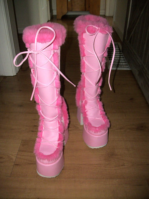 Demonia Women s Camel-311 Pink Faux Leather Knee High Platform Boots Fur Sz. 8