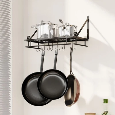 45/60cm Wall Mounted Kitchen Storage Rack Pot Pan Hanging Organiser Shelf Black - Image 1 of 4