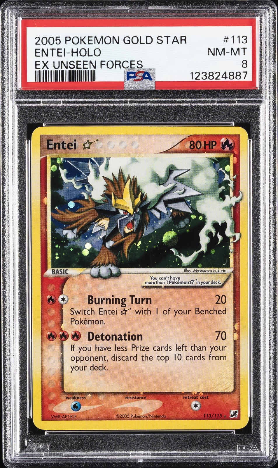 2005 POKEMON EX UNSEEN FORCES GOLD STAR #113 ENTEI-HOLO PSA 8 view 1