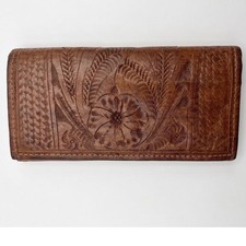 Vtg Hand Tooled Leather Floral Western Checkbook Wallet Snap Clutch Southwestern
