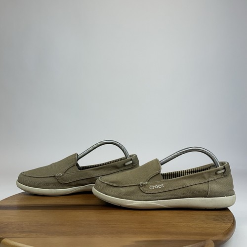 Womens Crocs Walu Khaki Tan Canvas Casual Comfort Slip On Loafers Shoes Size 10 - Picture 2 of 8