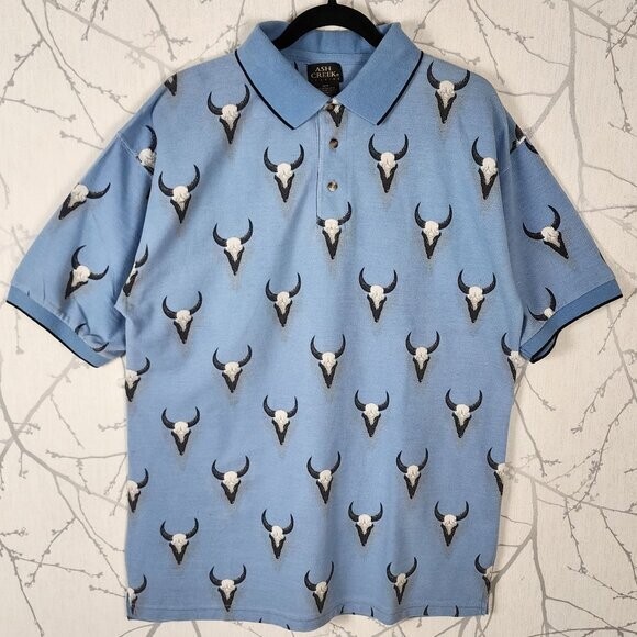 Ash Creek Blue Steer Head Print Cotton Blend Polo Shirt | Men's M