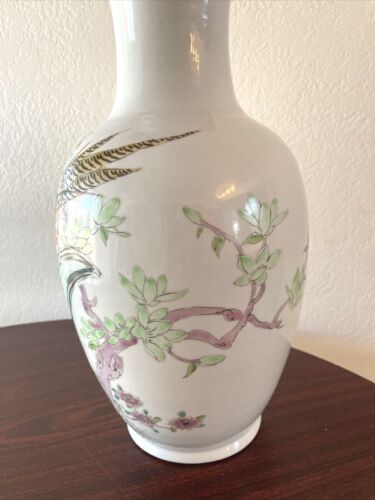 Large Vintage Hand Painted Oriental Vase Pheasant Birds Floral 14" - Picture 3 of 7