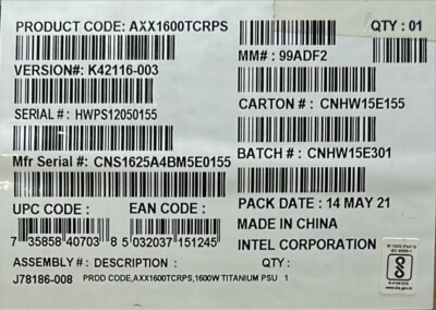 Intel AXX1600TCRPS 1600W AC Common Redundant Power Supply NEW BULK