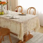Vintage Crochet Tablecloth Hollow Out Beige Lace Wrinkle-Free Table Cloth Decor