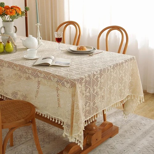 Vintage Crochet Tablecloth Hollow Out Beige Lace Wrinkle-Free Table Cloth Decor