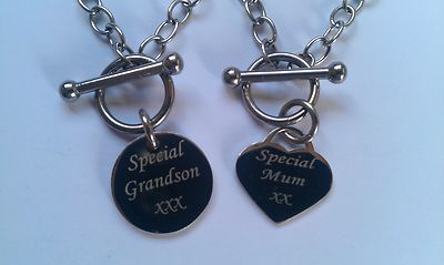 Personalised Silver T-Bar Necklace with Engraved Heart or Round