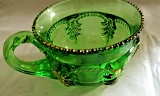 Coffee Cup Vintage Green Glass Round  w/ Gold  Accents  2 1/4" tall