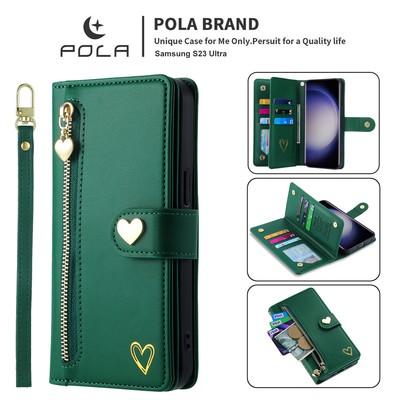 Fashion Heart Zipper Card Wallet Case With Strap For Samsung S24Ultra S23 Note 8