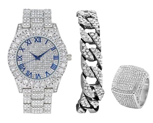 Herren Big Rocks Lünette - Zifferblatt mit römischen Ziffern Uhr mit kubanischem Armband & Ring - Bild 99 von 105