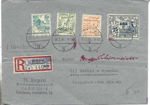 1946 GERMANY PRIVATE ISSUES ON REGISTERED COVER FROM KEMPEN WARTHELAND TO BERLIN