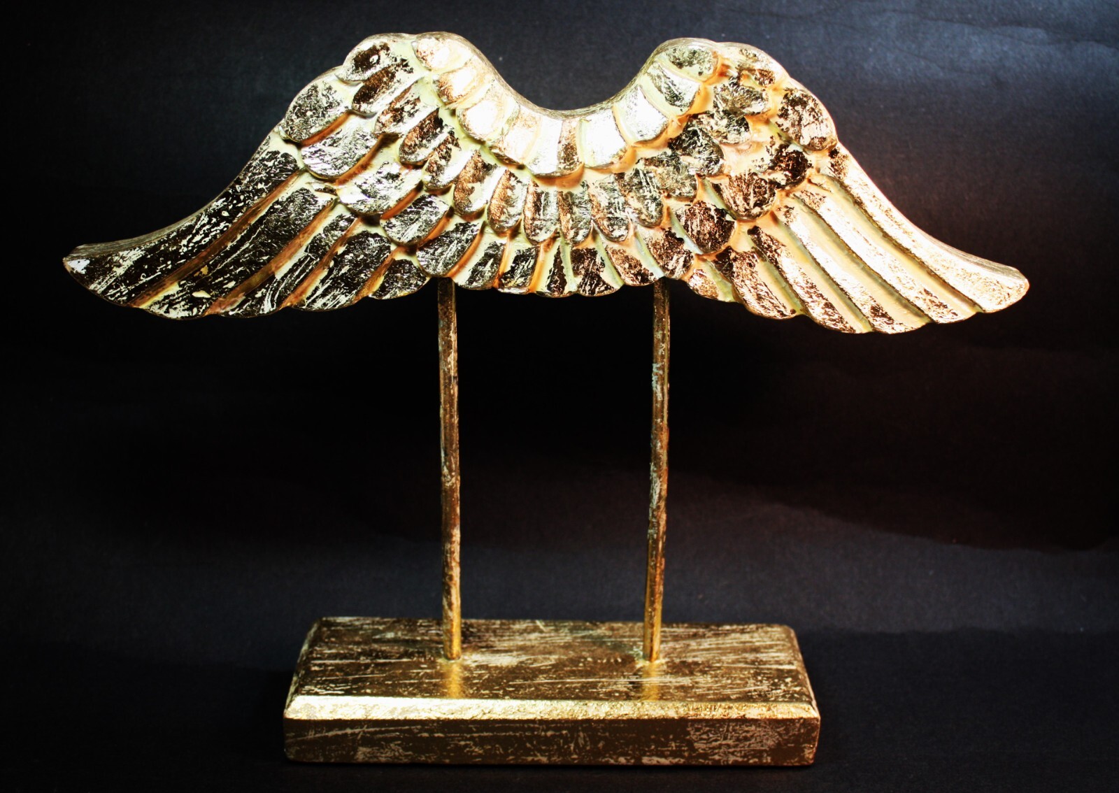 Gold Tabletop Art Home Decor Angel Wings Stylish Handcrafted on Pedestal 10.5