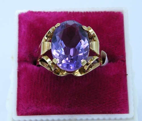 14k Antique Gold Amethyst RING Oval 6ct Faceted Solitaire Gem Sz 8 - Picture 2 of 10