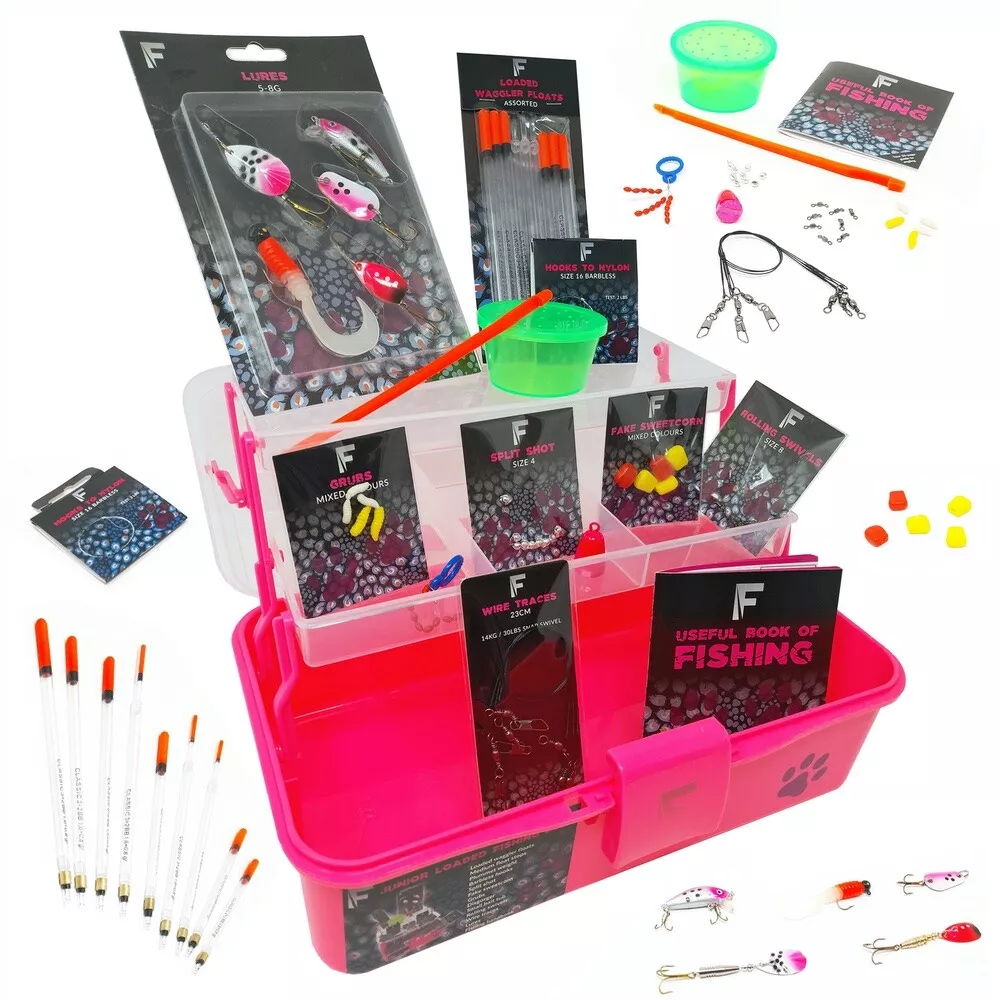 PINK FISHING TACKLE BOX WITH SPINNERS FLOAT KIT SWIVELS GIRL FISHING SET UP