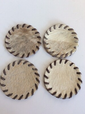 Set/4 Western Style Hide Coasters w/Leather Whipstitched Trim Made In Brazil