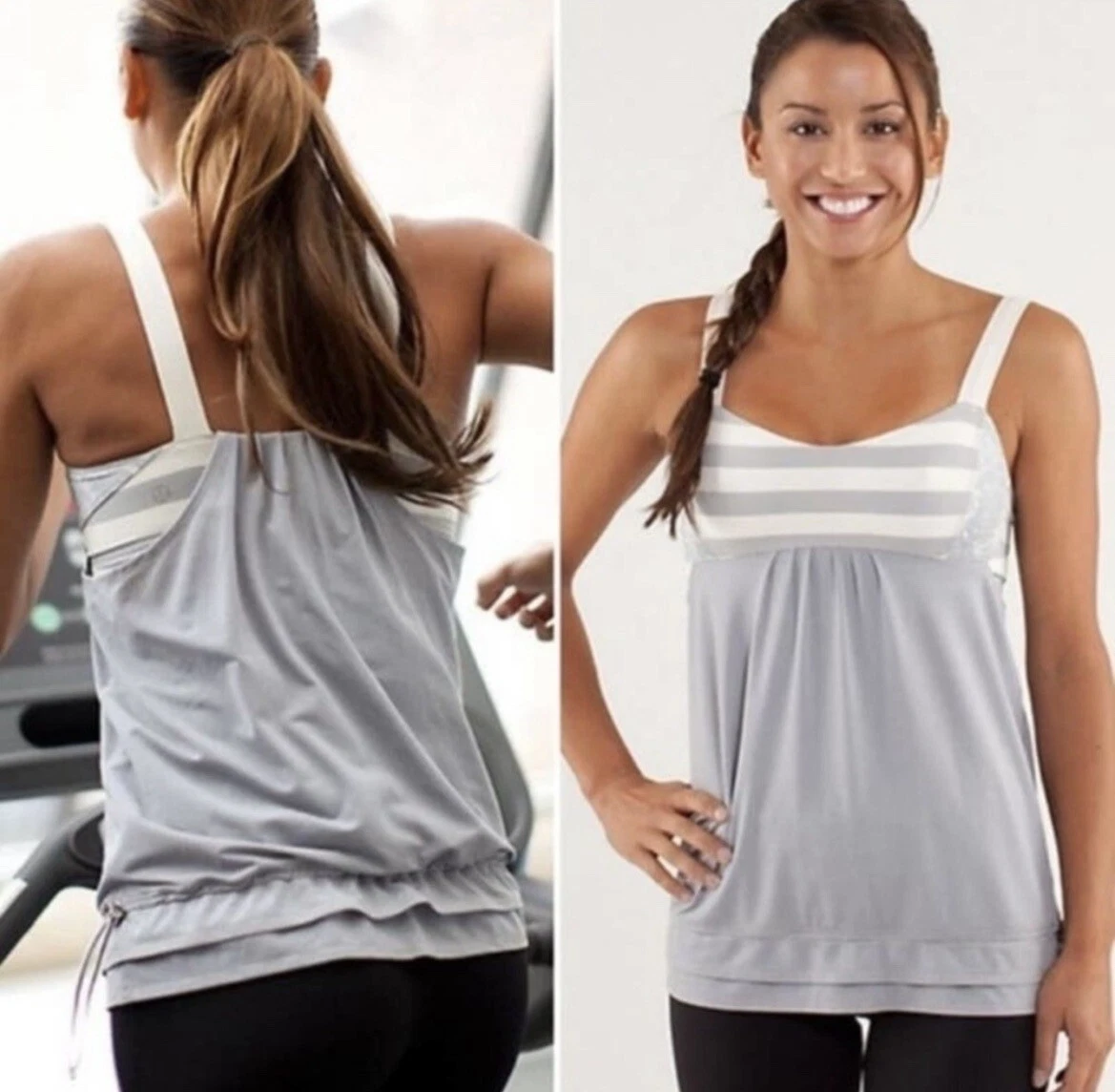 LULULEMON RUN BACK ON TRACK TANK TOP WOMENS SIZE 4 STRIPED 2 IN 1 GRAY SILVER