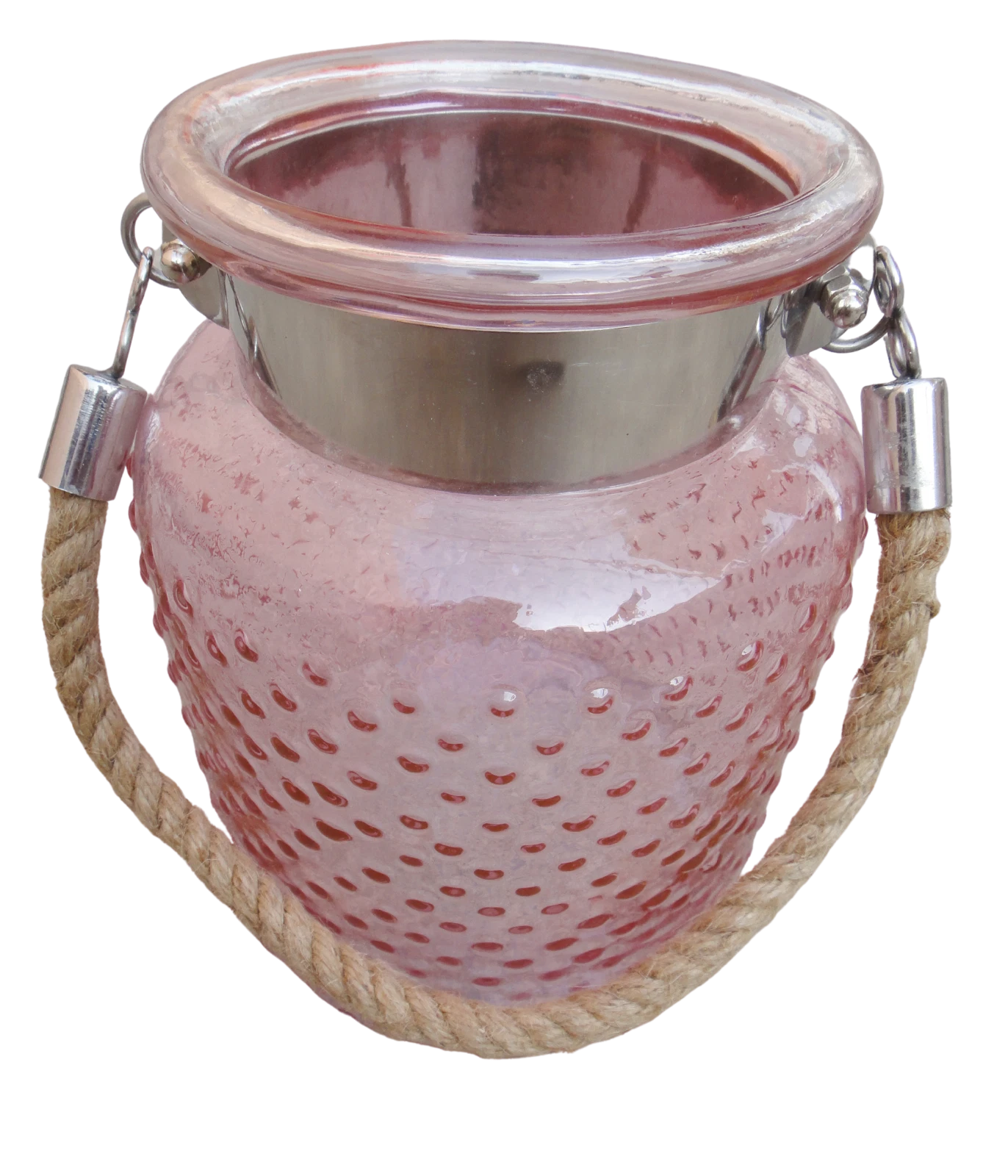 8.50" H Pink Glass Jar In Embossed Design With Hanging Jute Rope