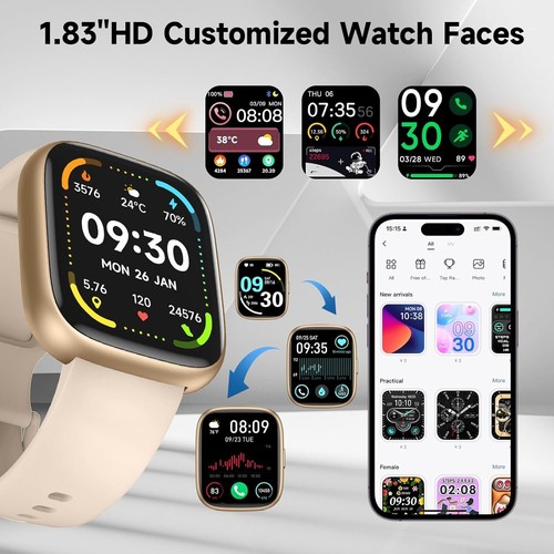 Waterproof Smart Watch 1.83" Fitness Tracker, Bluetooth for iOS Android Pink - Picture 5 of 22