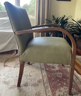 MID CENTURY ART DECO  BENTWOOD OAK ARMCHAIR S. O. New Jersey SAGE GREEN LEATHER